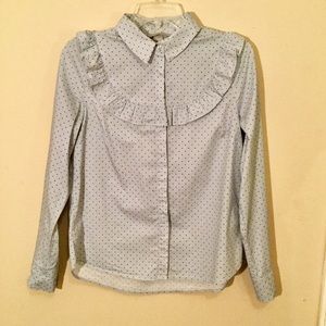 H&M | Blue Polka Dot Ruffled Button Down LS Shirt